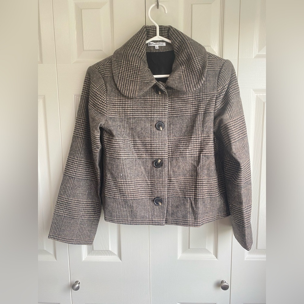 New Reformation Dillon Wool Jacket in Brown Plaid - Picture 5 of 11